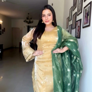 Women's Gold Embroidered Anarkali Suit With Green Dupatta Traditional Ethnic Wear For Wedding Floor Length Silk <b>Dress</b> - Product Image 1