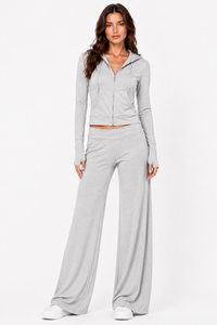 2 Piece <b>Yoga</b> Set Long Sleeve Zipper Crop Top High Waist <b>Wide</b> <b>Leg</b> <b>Pants</b> Solid Color Breathable Spandex Polyester - Product Image 4