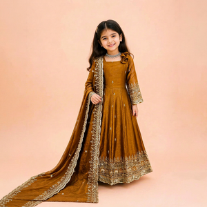 Ensemble Anarkali Lehenga Dupatta brodé moutarde pour filles, robe de mariage traditionnelle longue pour enfants - Product Image 1