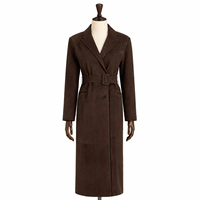 Manteau trench décontracté pour femme en cuir nubuck véritable marron noyer, à bouton unique et ceinture à boucle recouverte, coupe-vent et respirant pour l'automne