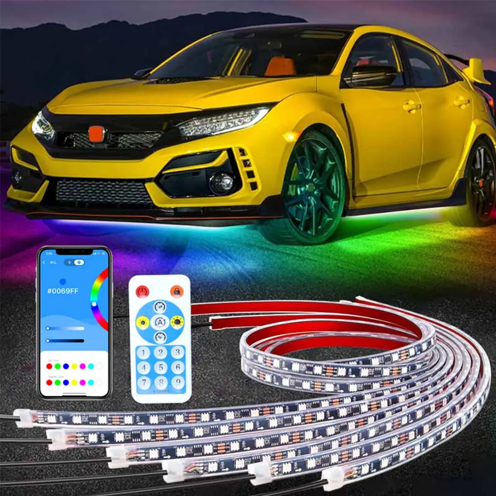 Kustom 6 Buah RGBIC Dream Color Chasing Rainbow Under Glow IP68 Tahan Air 4 Buah 6 Buah Kit Lampu Strip LED Bawah Bodi Mobil