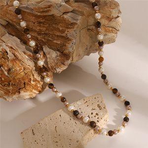 JFJEWER 18K oro Acero inoxidable piedra natural y concha perla Ojo de Tigre Boho collar de cuentas 42 + 5cm declaración de moda única - Product Image 5