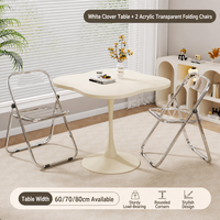 Table basse moderne Tulip avec piétement, 2 chaises pliantes en acrylique transparent, meubles de salon durables, écologiques et peu encombrants