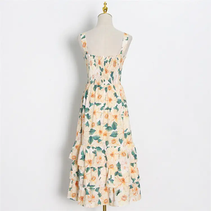 Vestido largo fruncido con estampado de flores para mujer personalizado, informal, cuello cuadrado, vacaciones, playa, Midi, vestidos florales de verano para mujer - Product Image 4