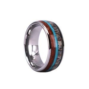 THX Jewelry 8MM Domed Tungsten <strong>Wedding</strong> Band <strong>Ring</strong> with Channel Set Turquoise and Deer Antler <strong>Wood</strong> Unisex Style - Product Image 2