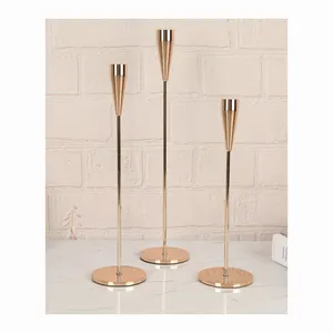 Popular Vintage Luxury Unique Set Of 3PCS Matte Black Rose Gold Stick Metal Taper Pillar Candle Holder For Home Wedding Deco