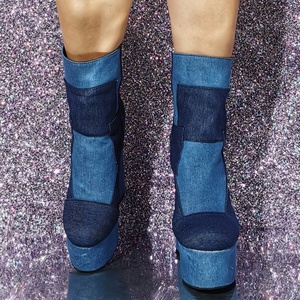 Denim Sewing Patchwork Round Toe Women Platform Short Boots Back Zipper Women Big Size 47 <b>Ankle</b> <b>Booties</b> High Chunky Heels Shoes - Product Image 5