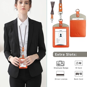 Boshiho Factory Office Badge Holder Real <b>Leather</b> ID Badge Card Holder with Neck <b>Lanyard</b> ID Card Holder - Product Image 2