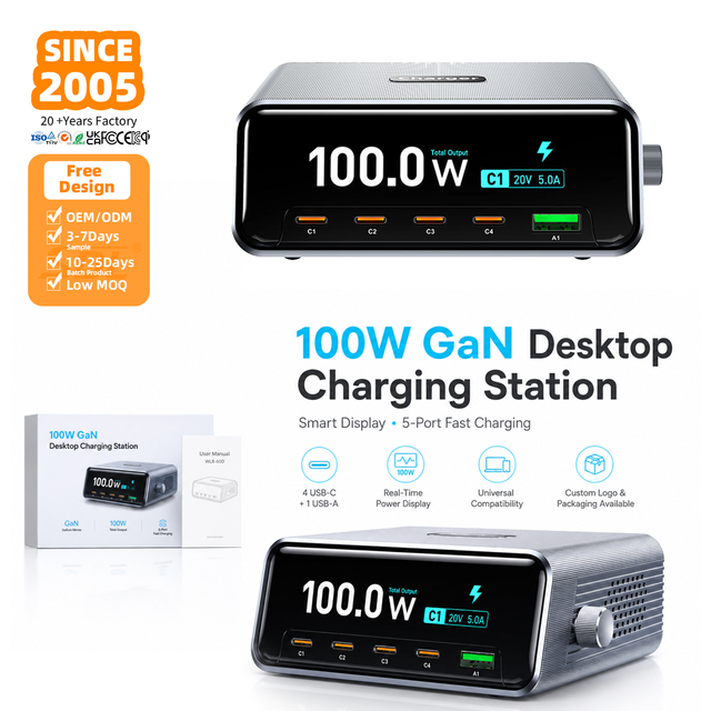 SDL 100W GaN Desktop Charging Station 5 Port USB C Fast Charger Smart Display Multi Device Charger