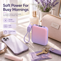 Mini batterie externe portable 22,5 W à charge rapide avec câbles intégrés, double câble intégré, design avec cordon, batterie Li-Polymère