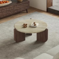 2025 Table basse moderne en bois massif avec dessus en travertin coin rond Design ensemble de meubles de salon meubles de maison Table d'appoint
