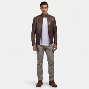 High Quality 100% Genuine Brown Cow Leather <b>Zip</b>-<b>Up</b> <b>Jacket</b> Men Stand Collar Autumn Fashion Warm Vintage Varsity <b>Jacket</b> Breathable - Product Image 1