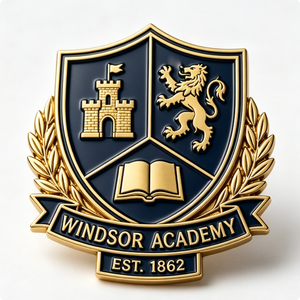Windsor Academy <b>Badge</b> Gold Plated Zinc Alloy 3D Embossed Emblem Art Collectible Established 1862 - Product Image 3