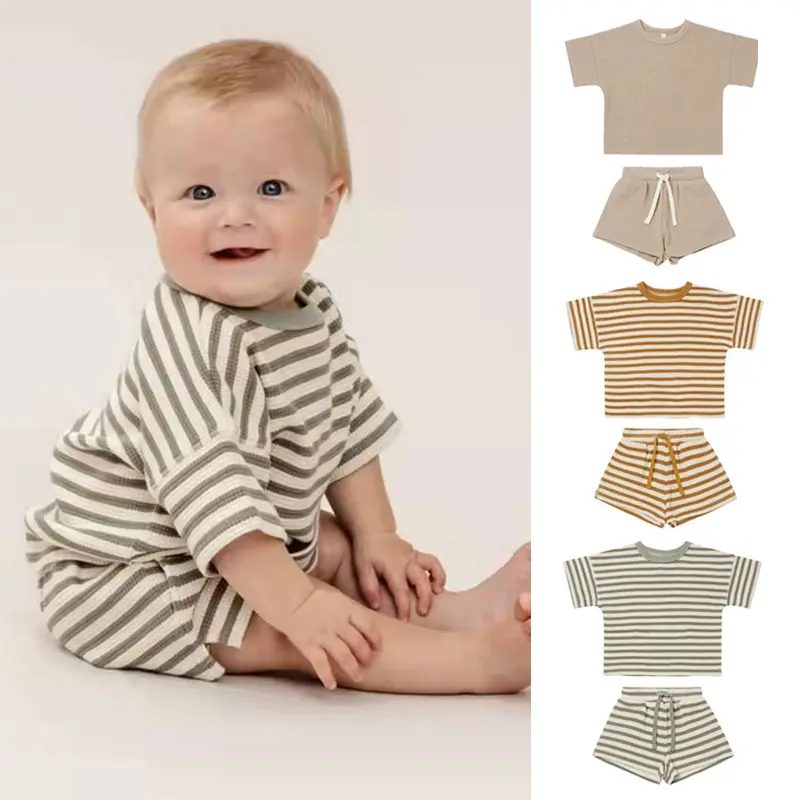 C100 Summer Infant Clothes Nordic Style Short Sleeve Stripe Outfits Baby Boys Girls Clothing Sets Wholesale