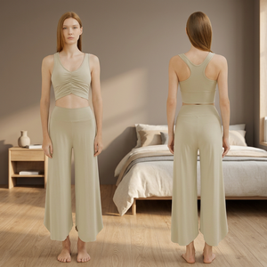 Conjunto de Yoga Sólido para Mujer de 2 Piezas: Top Corto con Cuello en V y Espalda Cruzada, Pantalones de Pierna Ancha de Cintura Alta, Transpirable, Spandex, Sin Costuras, Cortavientos Delantero - Product Image 3