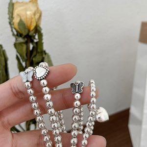 S925 Sterling Silver Heart <b>Bracelet</b> For Women Elastic Round <b>Bead</b> Charm Jewelry Everyday Wear Instagram Style - Product Image 2
