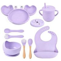 Ensemble de repas pour bébé en silicone en forme d'animal, vaisselle pour tout-petits, assiette en forme de crabe, bol, bavoir, tasse à bec, cuillère, ensemble de vaisselle réutilisable pour les repas