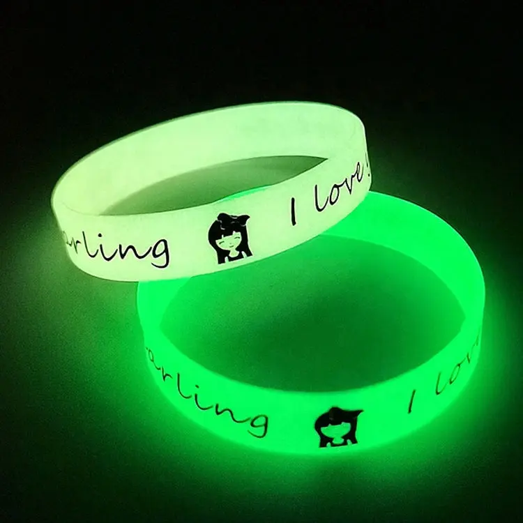 Wholesale Cheap Fluorescent Bright Glow In Dark Snap Bracelets Silicone Glowing Wristbands Custom Logo Size Silicone Bracelets