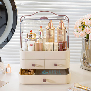 Boîte de rangement cosmétique, organiseur de bureau avec tiroirs, organiseur de maquillage en plastique crème et marron pour soins de la peau et rouges à lèvres - Product Image 1