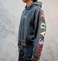 Hoodie unisexe personnalisé style streetwear, effet vieilli, délavé à l'acide, patchwork, logo brodé, couleur au choix, 100% coton