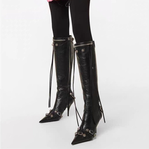 2025 Black Leather Botas Para Mujer <b>Tassel</b> Designer Lady Party <b>Shoes</b> Luxury Women Boots Knee High Heel Boots - Product Image 2