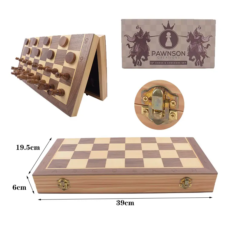배송 2 in 1 콤보 보드 게임 세트 15 "마그네틱 나무 접는 체스와 체커 세트 32PCS 나무 체스 조각