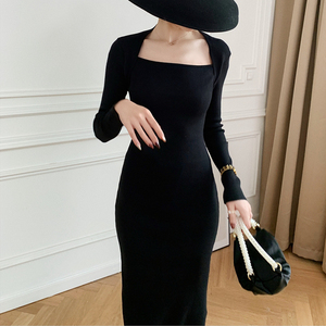 Abito Vintage francese <span class=keywords><strong>in</strong></span> <span class=keywords><strong>maglia</strong></span> retrò da donna a maniche lunghe <span class=keywords><strong>con</strong></span> <span class=keywords><strong>spacco</strong></span> aderente aderente alla moda Maxi gonna Sexy <span class=keywords><strong>con</strong></span> collo quadrato autunno - Product Image 3