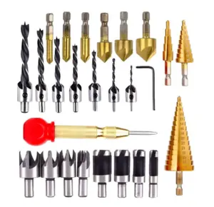 LAVIE 26 pcs Hss Step Hexagon Shank Five Flutes Chamfering Countersink Cylinder Claw Cork Drill Bit Set With Center Punch