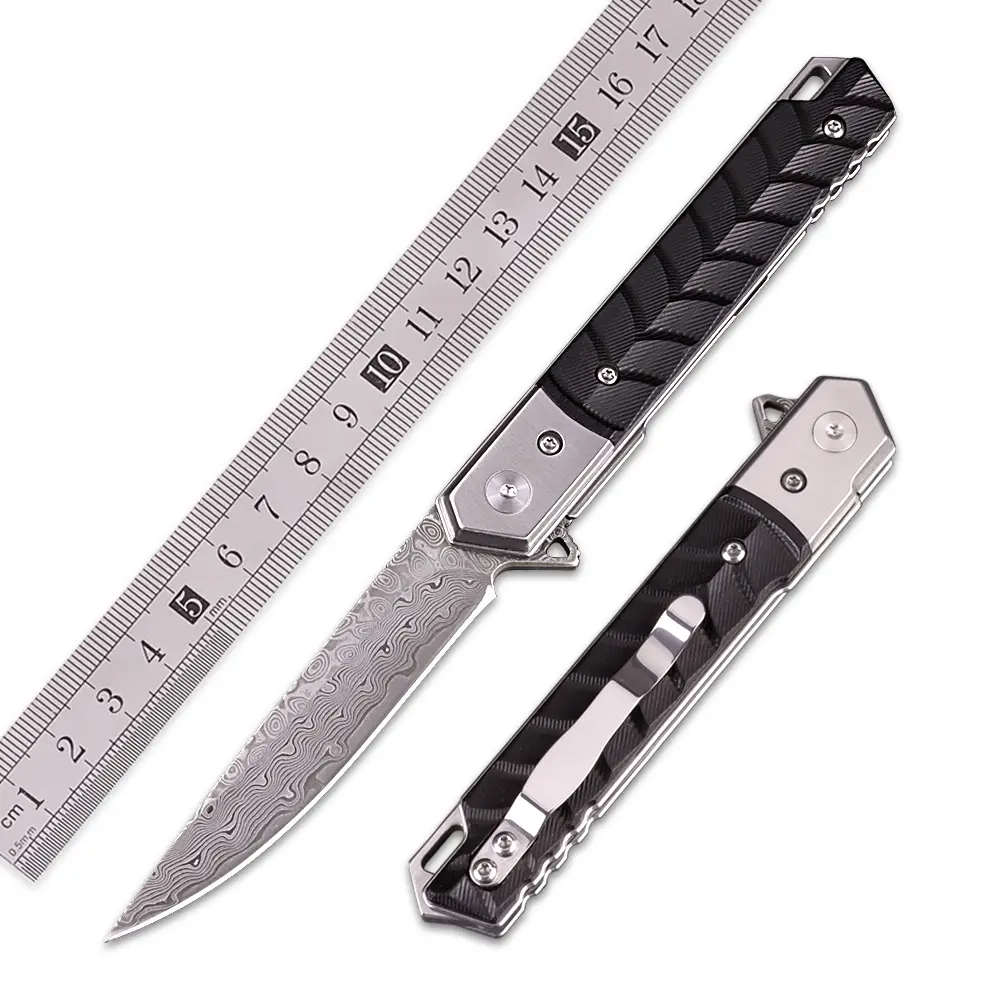 Newly Designed Damascus Steel Folding Pocket Knife Outdoor Camping Tactical Survival Knife with Key Chains