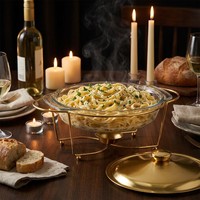 Chauffe-Plats Rond Élégant en Verre 2L avec Cadre Doré et Couvercle Doré Mat pour Dîner en Famille, Mariage, Buffet, Traiteur