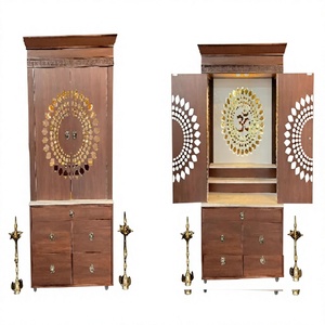 Designer Om Chakra Elegant Professional Classic Traditional Modern Teak Wood Pooja <b>Mandir</b> Home Temple Set with Elephant Carving - Product Image 1
