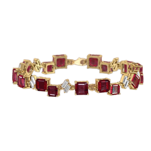 Women's 18K Solid Gold <b>Ruby</b> Bangle <b>Bracelet</b> With Baguette Cut Diamonds Geometric Classic Design Bezel Setting Wedding Jewelry - Product Image 1