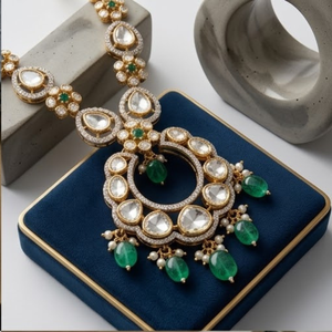 Elegant 925 Silver Pearl <b>Emerald</b> Necklace Set Traditional Ethnic Bridal Jewelry Handmade Designer <b>Pendant</b> - Product Image 2