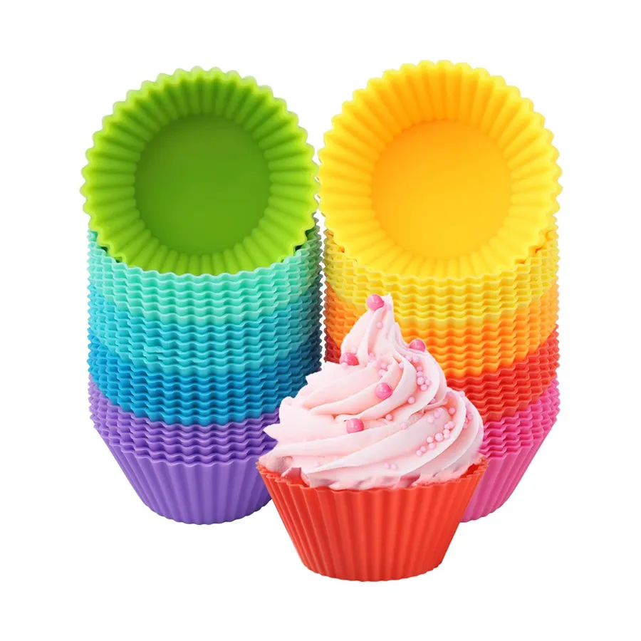 Cấp thực phẩm BPA miễn phí tái sử dụng không dính 24 gói Silicone Muffin nướng bánh ly, cupcake lót