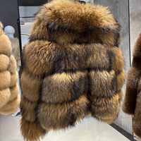 Chaqueta Corta de Piel de Mapache Genuina Marrón Natural para Mujer, con Gancho Oculto, Abrigo de Invierno de Piel Real y Esponjosa