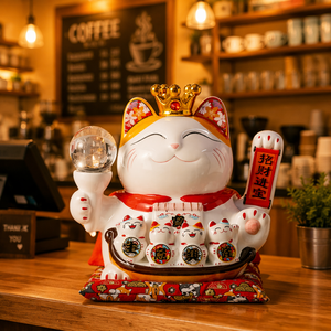 Elvis Presley Lucky Cat avec cristal de céramique émaillée de 10 pouces pour boule pour la décoration de la maison à Noël et au nouvel an chinois - Product Image 1