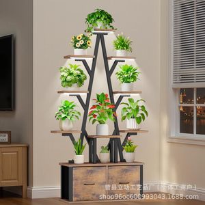 Iron Wood Multi Layer Storage <b>Shelf</b> Floor Standing Plant <b>Rack</b> With Drawer For Home Decorative Display - Product Image 1
