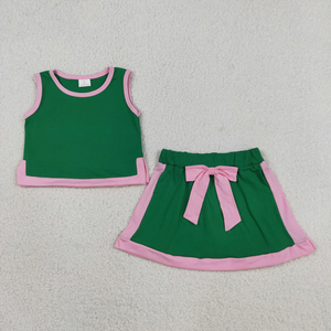 Summer New Casual Kids Girls <b>Clothes</b> Set Green Sleeveless Tank Top and Skort Pink Trim 2-piece Outfit with Bow - Product Image 2