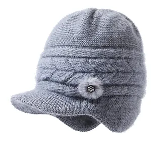 Ski Earflap Winter Hats Ribbed Knitted Wool Cap Hat Winter Warm Brim Peaked Visor Knit Beanie Hats