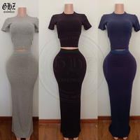 Ensemble 2 pièces pour femme : T-shirt et jupe longue gris à 3 bandes latérales en coton et élasthanne – Tenue décontractée pour femme