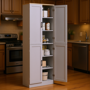 4 Door Freestanding <b>Kitchen</b> Pantry Cabinet With Adjustable <b>Shelves</b> White Modern Design - Product Image 2