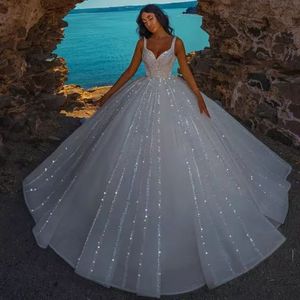 African Style Sleeveless <b>Spaghetti</b> <b>Strap</b> Sparkling Lace Wedding Dress Princess Waistline Sweetheart Neckline White Polyester - Product Image 2