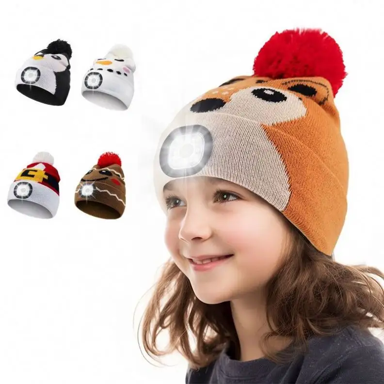 K topi Natal Anak Pom Beanie Balita musim dingin bayi lembut hangat topi rajut Pompom Xmas Led anak-anak Beanie