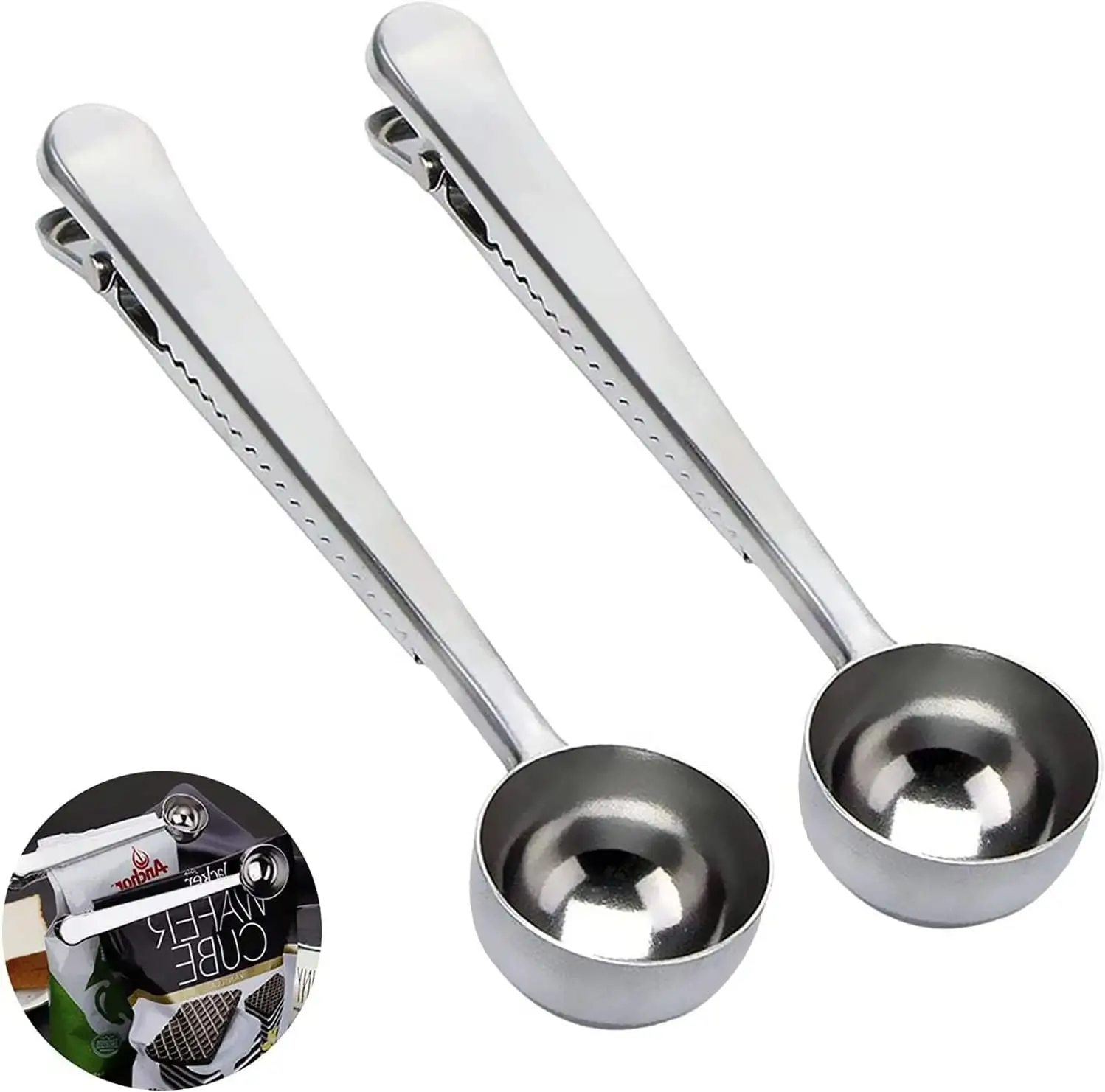 Cucchiaio per caffè in acciaio inox 2-in-1 con Clip per sacchetti sigillanti per caffè in polvere