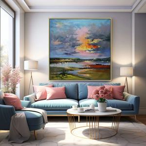 Peinture murale contemporaine texturée, paysage carré abstrait, peinture à l'huile fantastique sur toile pour la maison et la galerie - Product Image 2