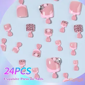 24pcs/box French Square Toe Nails Tips Pink Fashion Press On Nails Art Decoration Toenails Beauty Tools Foot Nail