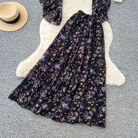 Ensemble jupe deux pièces imprimé style vacances à la française pour femme, manches longues, col en V, manches lanternes, taille froncée, pour l'automne