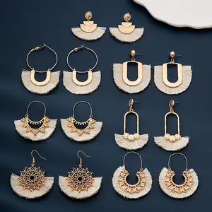 Fashionable Bohemian Ethnic Style Geometric Alloy Handmade Woven Tassel Earrings For Women Gifts