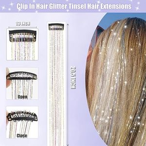 Kit de 12 Extensiones de Cabello con Brillo Azul, Plateado y Rojo para Niñas, Extensiones de Cabello con Purpurina Brillante y Reluciente - Product Image 3