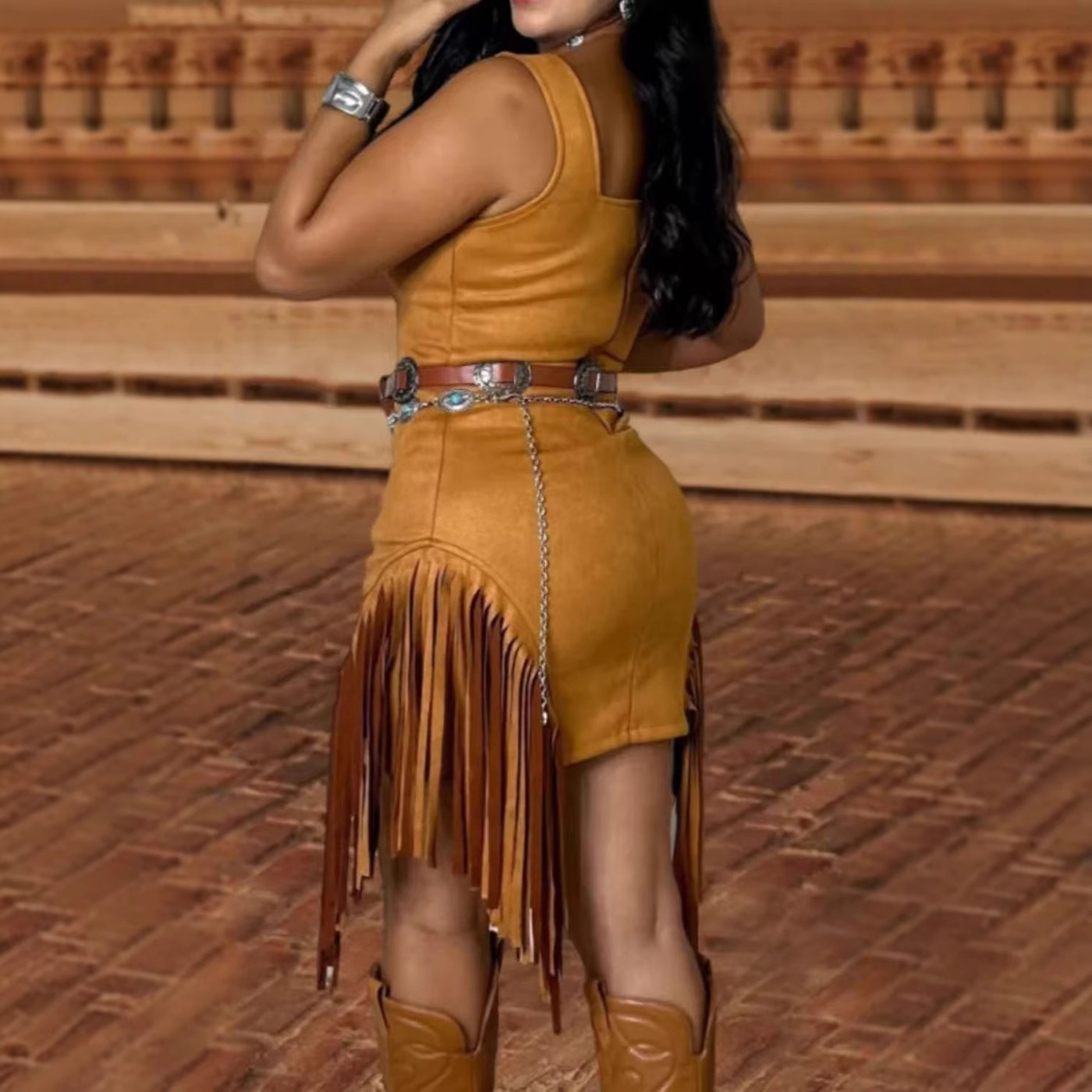 slim fit dress slacks White and Gold Cowgirl Sheriff Costume Top, Panties and Chaps main image 0